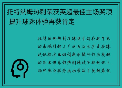 托特纳姆热刺荣获英超最佳主场奖项 提升球迷体验再获肯定