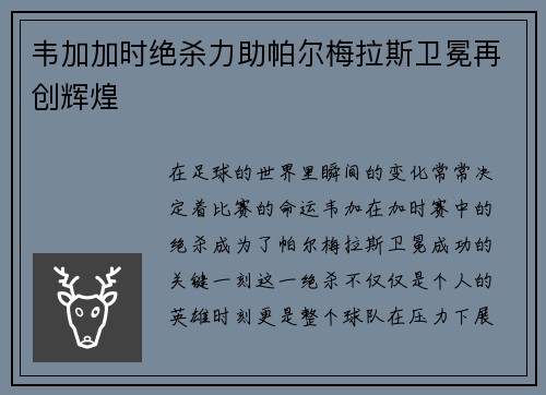 韦加加时绝杀力助帕尔梅拉斯卫冕再创辉煌